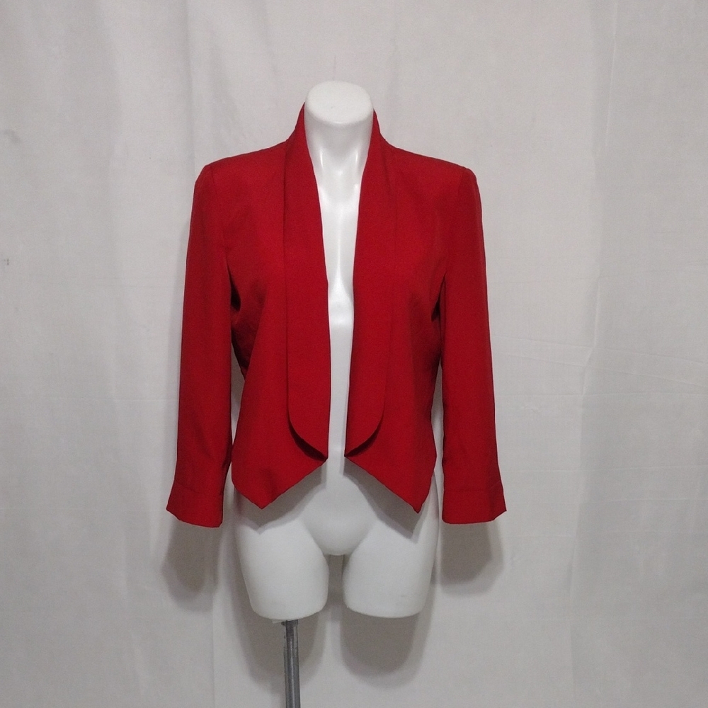 Bebe Red Drape Shawl Collar Open Front Cropped Blazer Jacket Medium Elegant Chic